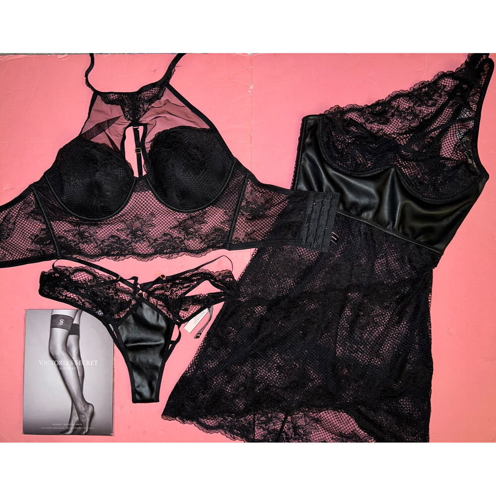 Victoria's Secret high-neck 34DD CORSET BRA SET+M DRESS BLACK faux LEATHER LACE